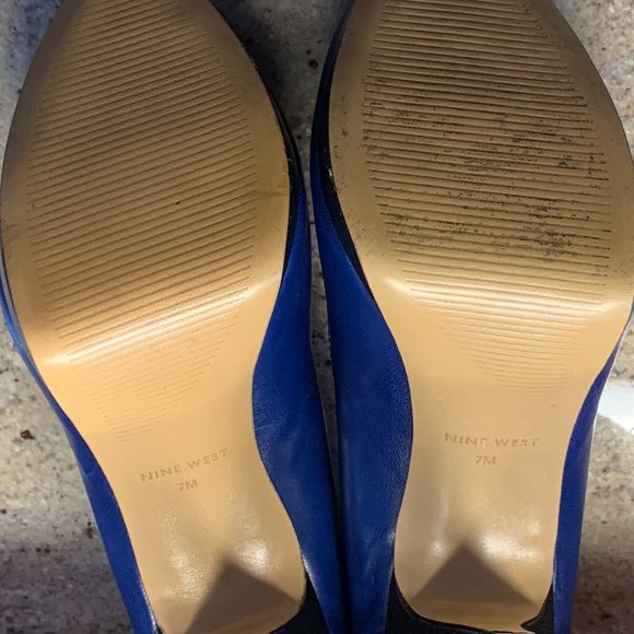 NINE WEST Blue Leather Pink Peep Toe Heels, Sz 7 - Picture 6 of 10
